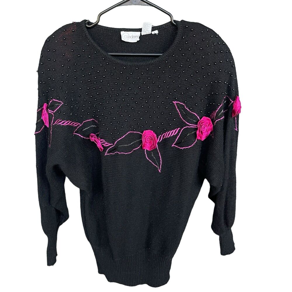 Vintage Cedars Sweater Women Large Silk‎ Angora Beaded Applique Floral Dolman